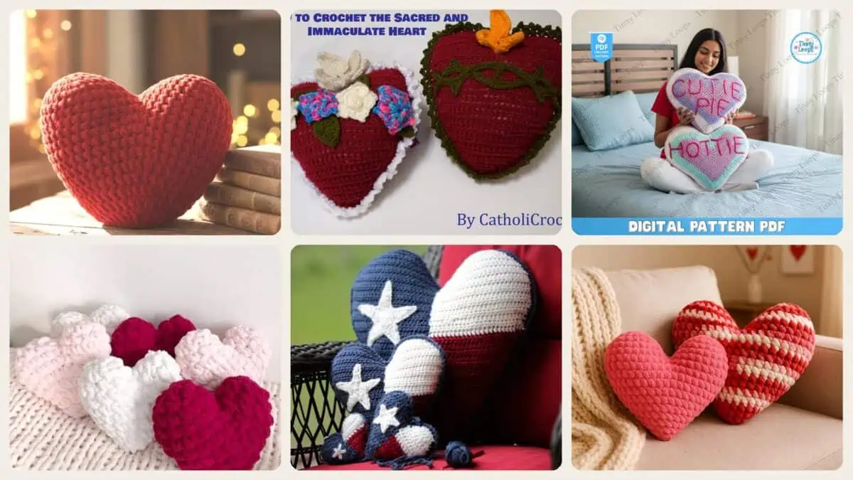 A selection of the crochet patterns in 40 Heart Pillow Crochet Patterns for Cozy Home Decor and Handmade Gifts