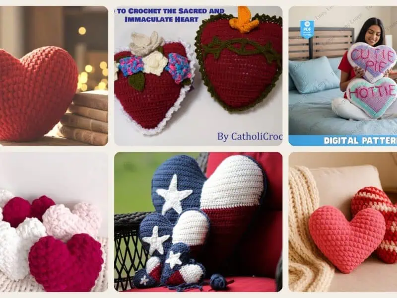 A selection of the crochet patterns in 40 Heart Pillow Crochet Patterns for Cozy Home Decor and Handmade Gifts