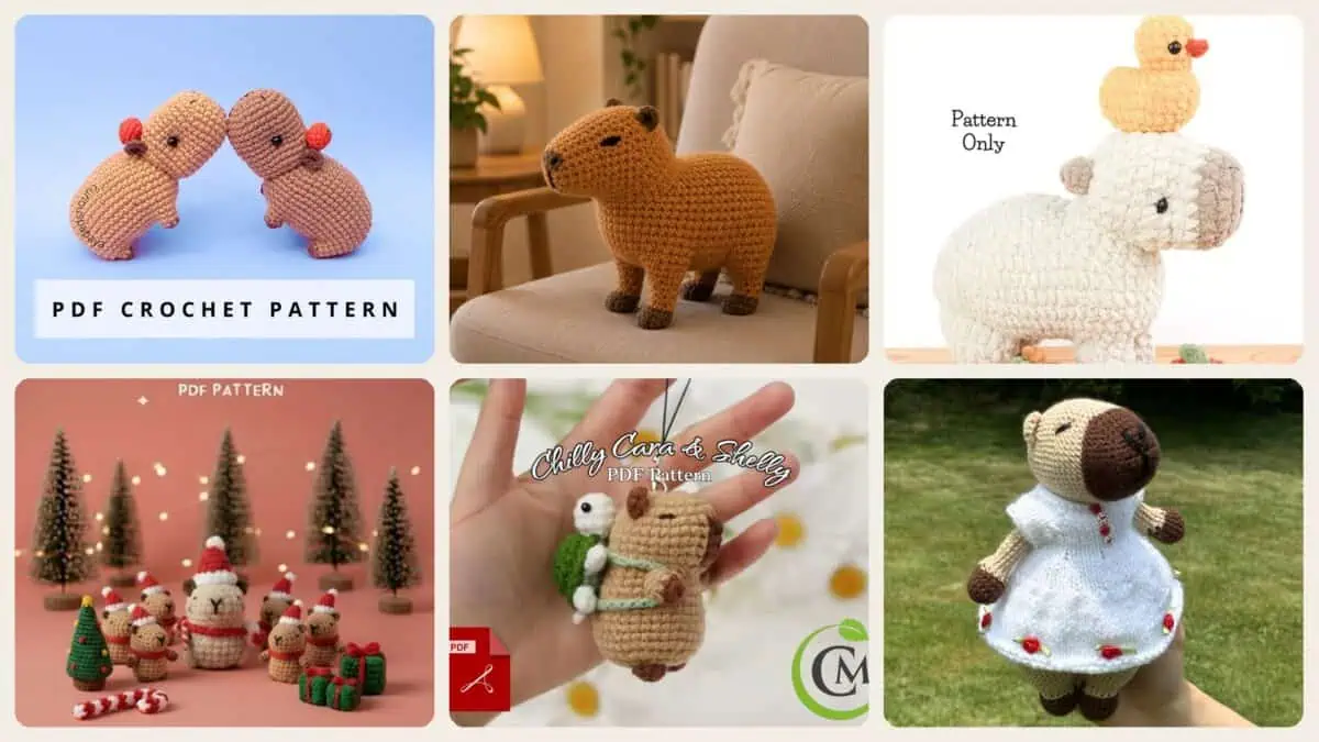 A selection of the crochet patterns in 40 Capybara Crochet Patterns for Cute Amigurumi, Plushies, and Giftable Makes