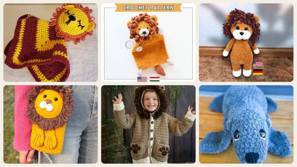 A selection of the crochet patterns in 40 Lion Crochet Patterns to Stitch for Nurseries, Gifts, and Safari-Inspired Decor