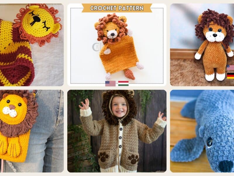A selection of the crochet patterns in 40 Lion Crochet Patterns to Stitch for Nurseries, Gifts, and Safari-Inspired Decor