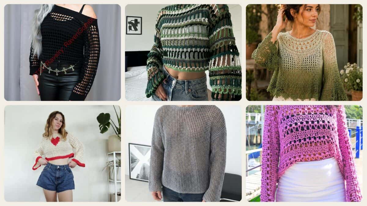 A selection of the crochet patterns in 40 Mesh Sweater Crochet Patterns for Airy Layers, Pullovers, and Cardigans