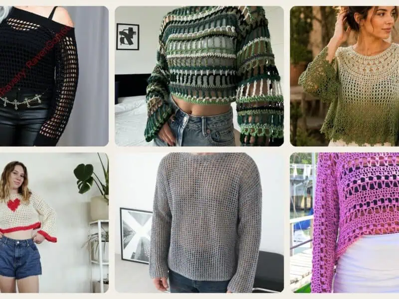 A selection of the crochet patterns in 40 Mesh Sweater Crochet Patterns for Airy Layers, Pullovers, and Cardigans