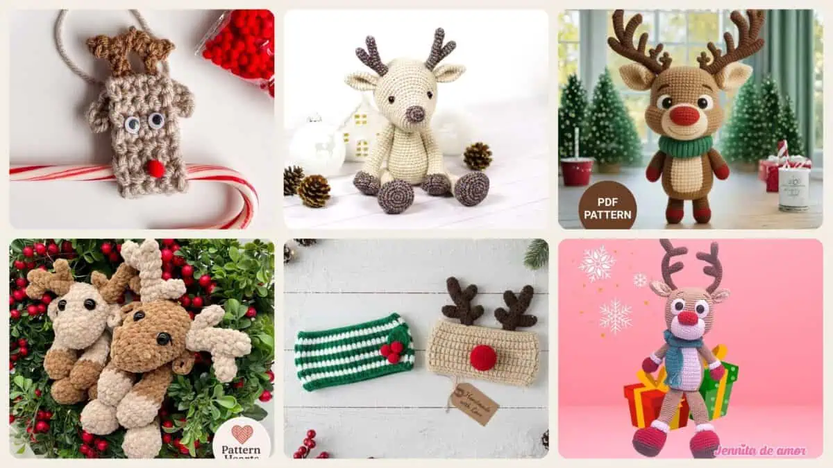 A selection of the crochet patterns in 40 Reindeer Crochet Patterns: Add Homemade Warmth to Your Holiday Decor