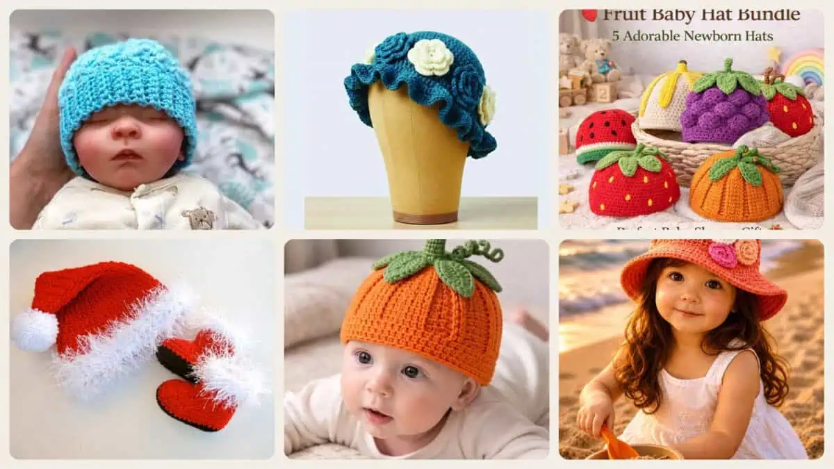 A selection of the crochet patterns in 40 Baby Hat Crochet Patterns for Sweet Handmade Gifts and Everyday Warmth