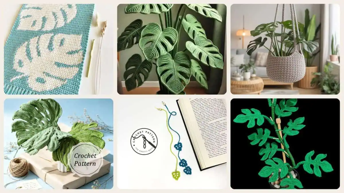 A selection of the crochet patterns in 40 Monstera Crochet Patterns for Tropical Leaves, Wall Hangings, and Potted Plants