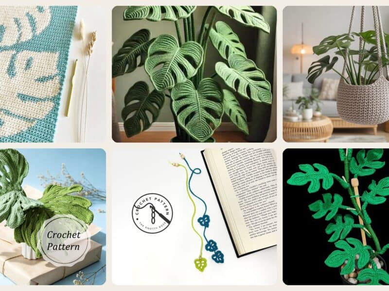 A selection of the crochet patterns in 40 Monstera Crochet Patterns for Tropical Leaves, Wall Hangings, and Potted Plants