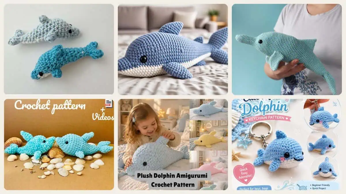 A selection of the crochet patterns in 40 Dolphin Crochet Patterns for Ocean-Inspired Amigurumi, Gifts, and Nursery Decor