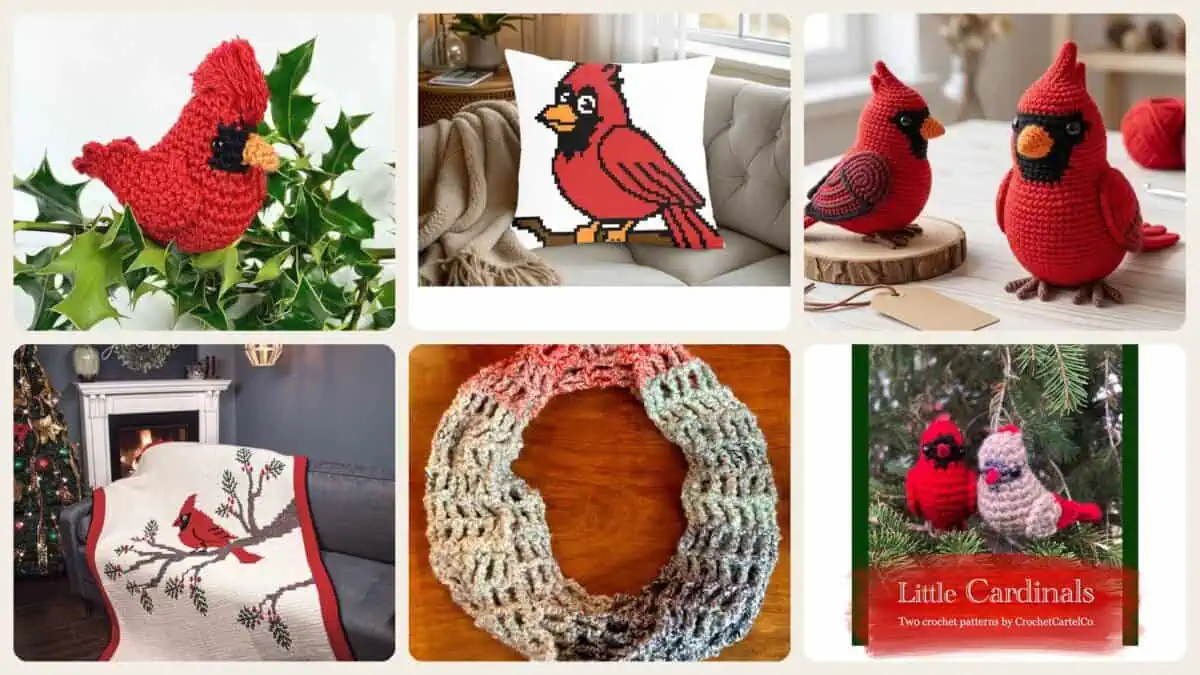 A selection of the crochet patterns in 40 Cardinal Crochet Patterns to Stitch for Gifts, Decor, and Bird Lovers