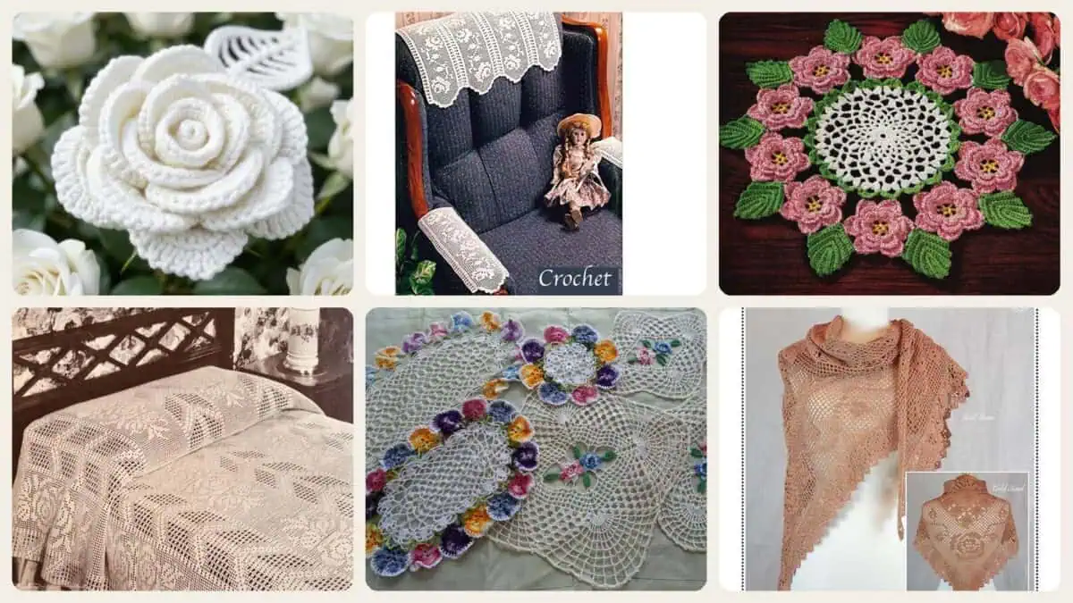 A selection of the crochet patterns in 28 Vintage Rose Crochet Patterns: Add Old-World Charm to Your Creations