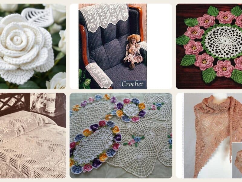A selection of the crochet patterns in 28 Vintage Rose Crochet Patterns: Add Old-World Charm to Your Creations