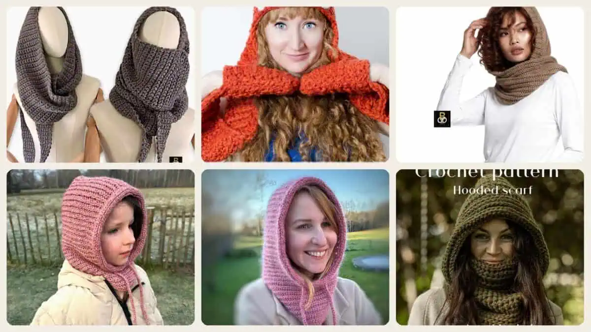 A selection of the crochet patterns in 31 Scoodie Crochet Patterns: Create Cozy and Stylish Winter Accessories