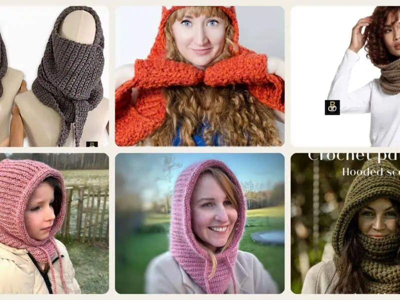 A selection of the crochet patterns in 31 Scoodie Crochet Patterns: Create Cozy and Stylish Winter Accessories