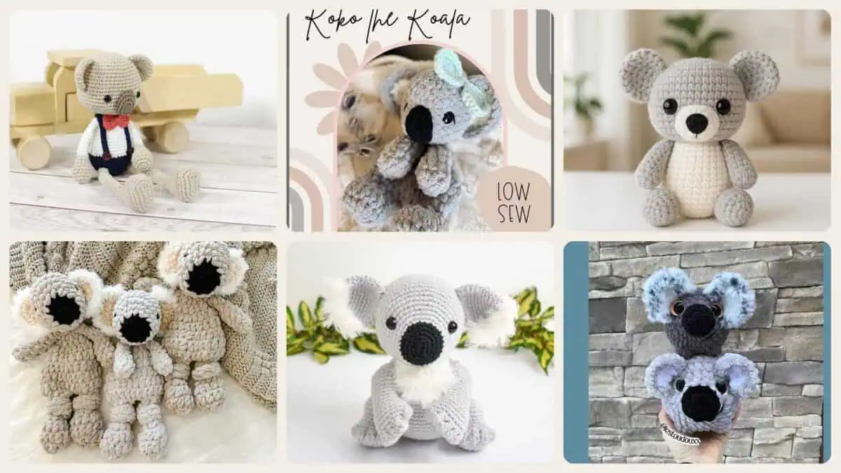 A selection of the crochet patterns in 40 Koala Crochet Patterns for Amigurumi, Hats, Loveys, and Nursery Decor