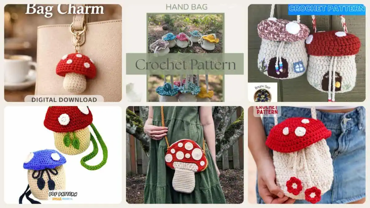 A selection of the crochet patterns in 18 Mushroom Bag Crochet Patterns for Whimsical Cottagecore Style