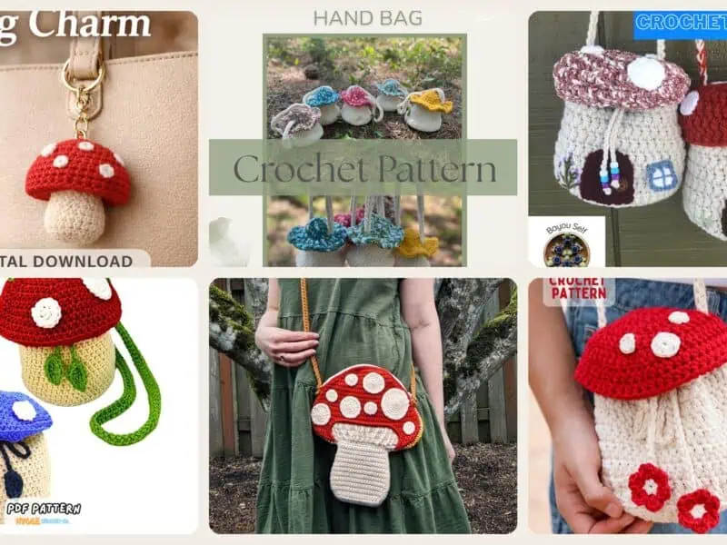 A selection of the crochet patterns in 18 Mushroom Bag Crochet Patterns for Whimsical Cottagecore Style