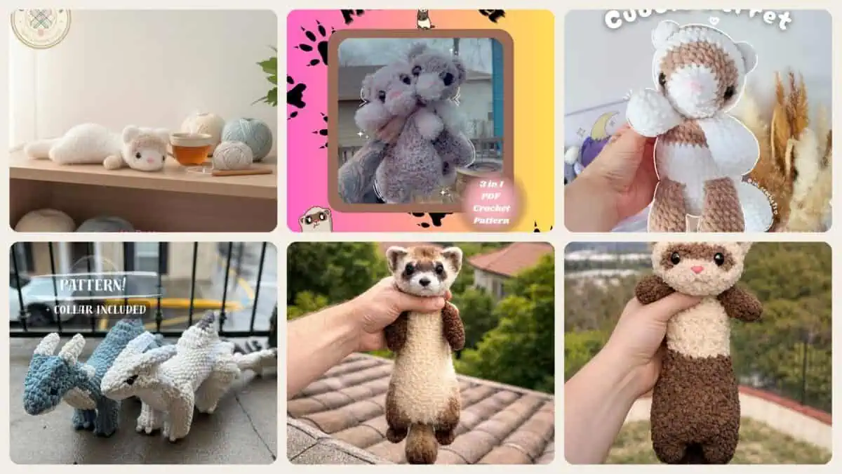 A selection of the crochet patterns in 23 Ferret Crochet Patterns to Stitch Cute, Floppy, and Realistic Amigurumi