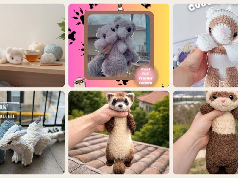 A selection of the crochet patterns in 23 Ferret Crochet Patterns to Stitch Cute, Floppy, and Realistic Amigurumi