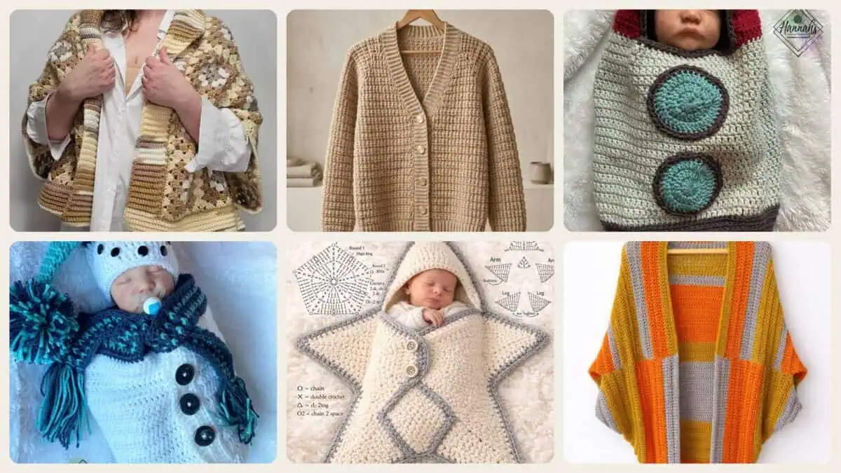 A selection of the crochet patterns in 40 Cozy Couch Sweater Crochet Patterns: Comfort Meets Creativity at Home