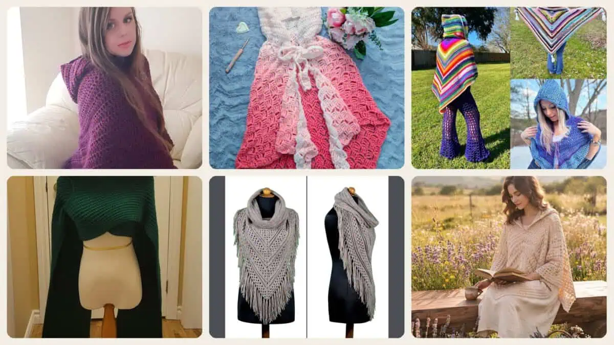 A selection of the crochet patterns in 7 Hooded Shawl Crochet Patterns for Cozy Layers, Gifts, and Seasonal Style