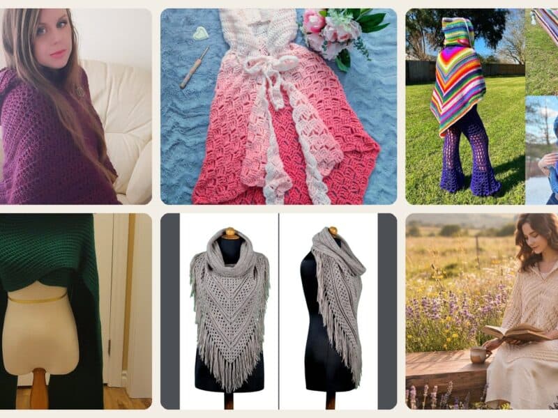 A selection of the crochet patterns in 7 Hooded Shawl Crochet Patterns for Cozy Layers, Gifts, and Seasonal Style