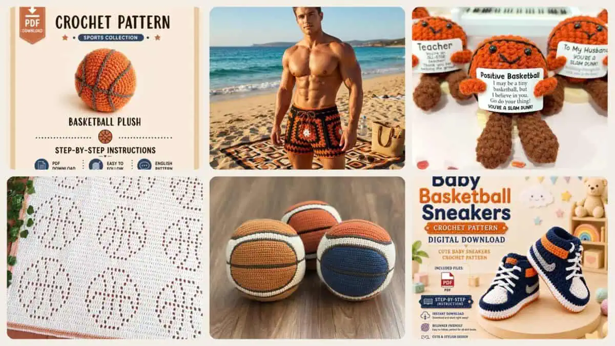 A selection of the crochet patterns in 40 Basketball Crochet Patterns for Fans, Gifts, and Game-Day Decor