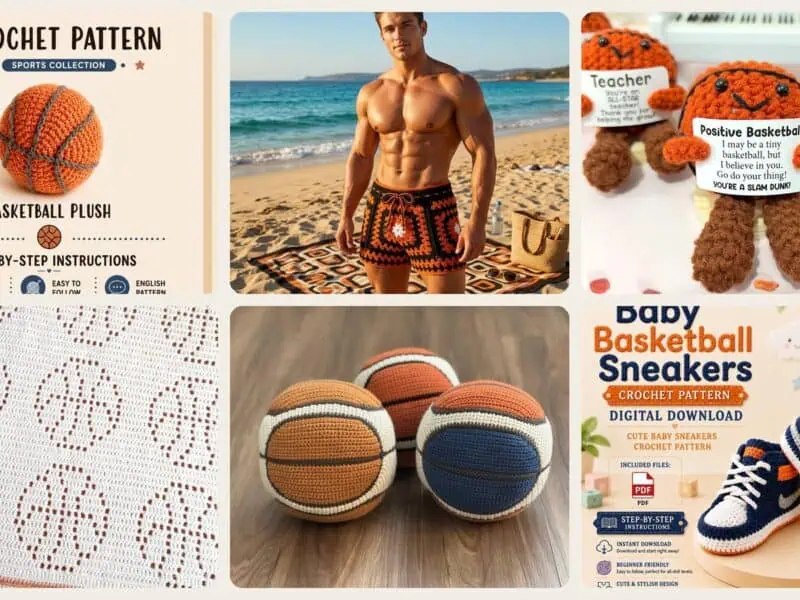 A selection of the crochet patterns in 40 Basketball Crochet Patterns for Fans, Gifts, and Game-Day Decor