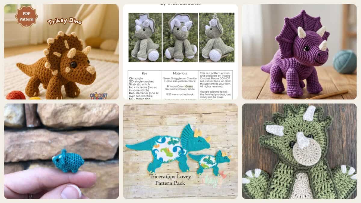 A selection of the crochet patterns in 40 Triceratops Crochet Patterns for Dino Lovers, Nursery Decor, and Handmade Gifts