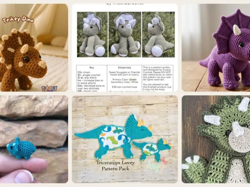 A selection of the crochet patterns in 40 Triceratops Crochet Patterns for Dino Lovers, Nursery Decor, and Handmade Gifts