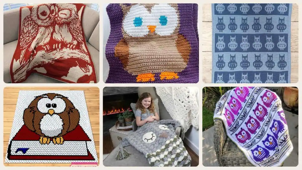 A selection of the crochet patterns in 24 Owl Blanket Crochet Patterns for Cozy Gifting and Woodland Charm