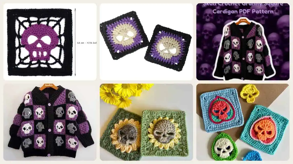 A selection of the crochet patterns in 25 Skull Granny Square Crochet Patterns for Halloween, Gothic Decor, and Clever Motifs