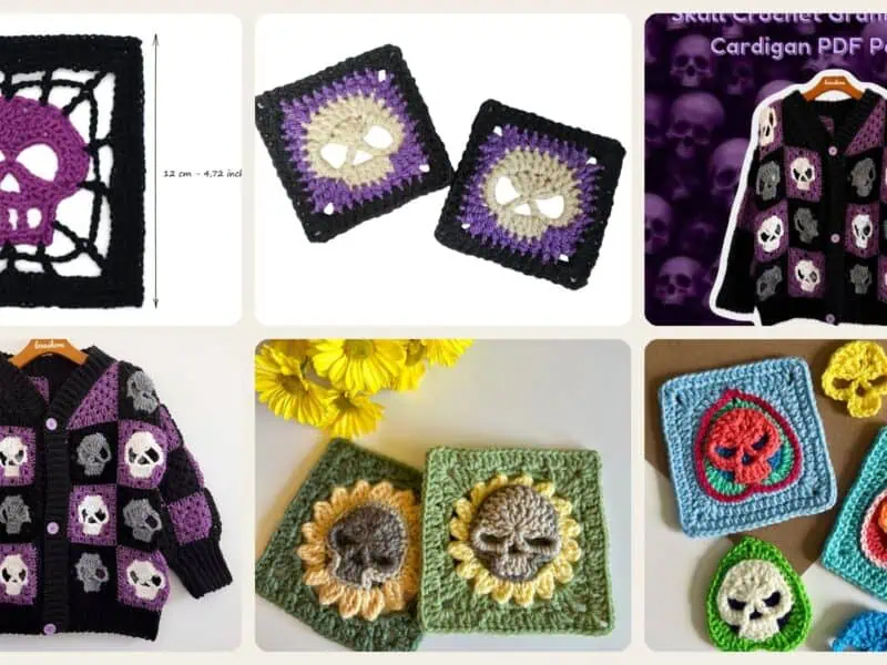 A selection of the crochet patterns in 25 Skull Granny Square Crochet Patterns for Halloween, Gothic Decor, and Clever Motifs
