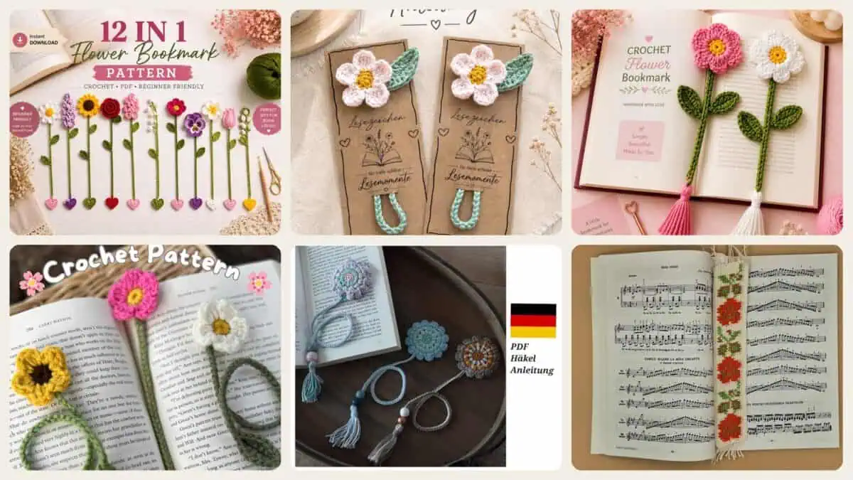 A selection of the crochet patterns in 40 Flower Bookmark Crochet Patterns to Add a Handmade Touch to Reading Time