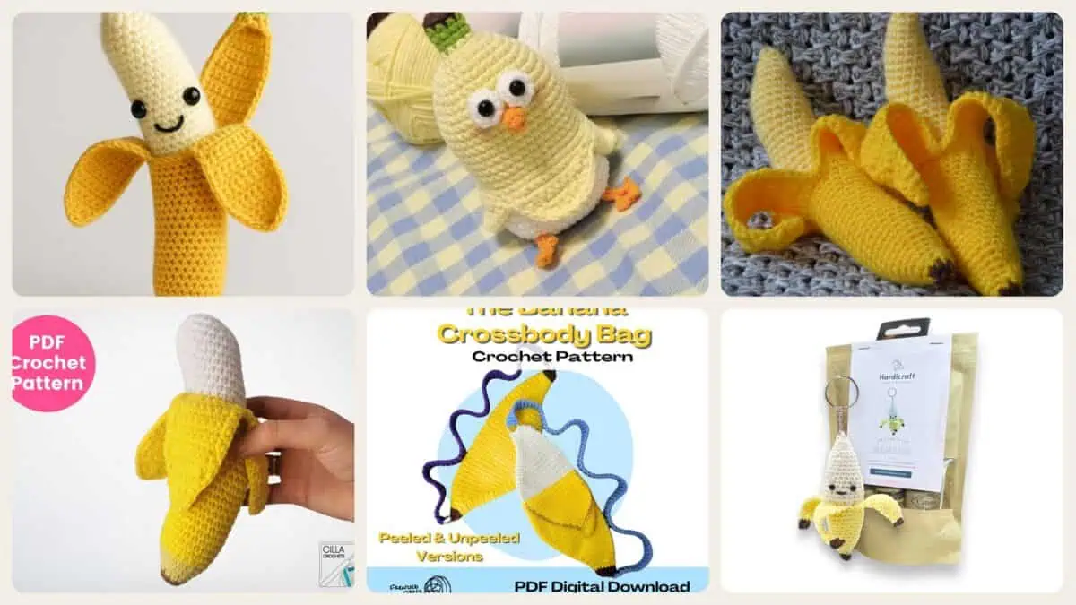 A selection of the crochet patterns in 40 Banana Crochet Patterns: Play Food, Amigurumi, Pouches, and More