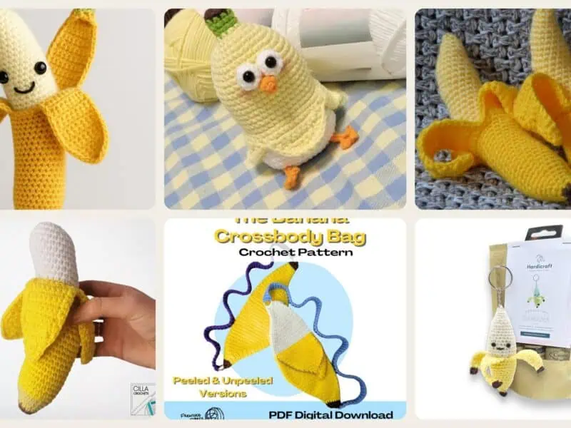 A selection of the crochet patterns in 40 Banana Crochet Patterns: Play Food, Amigurumi, Pouches, and More