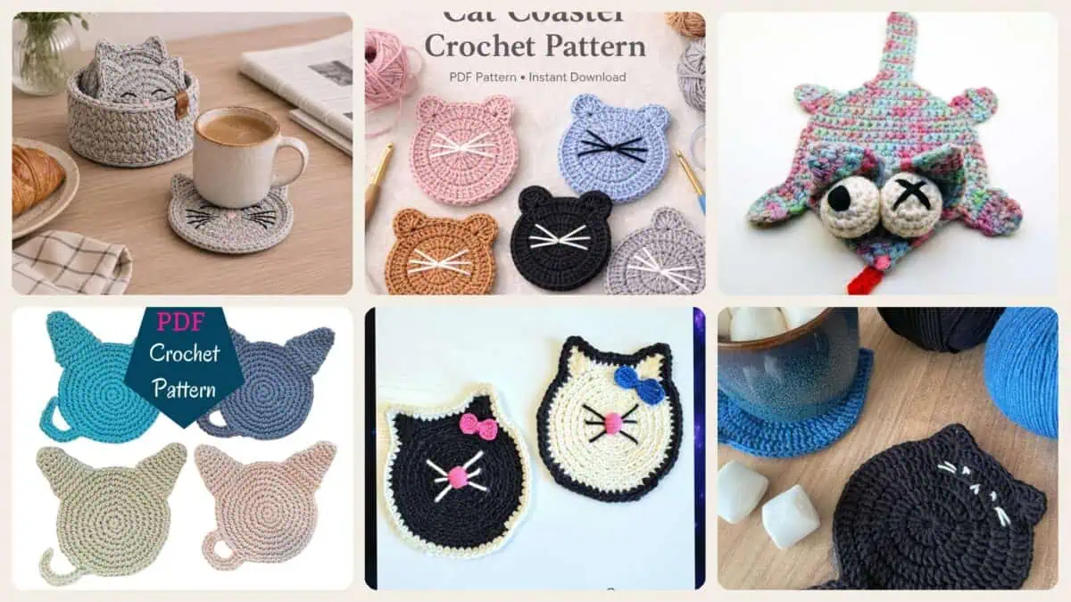 A selection of the crochet patterns in 40 Cat Coaster Crochet Patterns for Cat Lovers, Gifts, and Cozy Home Decor