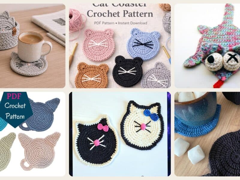 A selection of the crochet patterns in 40 Cat Coaster Crochet Patterns for Cat Lovers, Gifts, and Cozy Home Decor