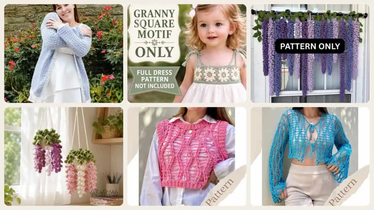 A selection of the crochet patterns in 29 Wisteria Crochet Patterns for Floral Decor, Garlands, and Gifts