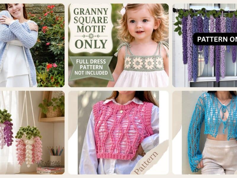 A selection of the crochet patterns in 29 Wisteria Crochet Patterns for Floral Decor, Garlands, and Gifts