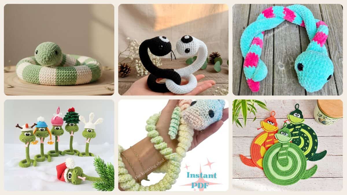 A selection of the crochet patterns in 40 Snake Crochet Patterns to Stitch: Amigurumi, Plush, No-Sew, and Giftable Designs
