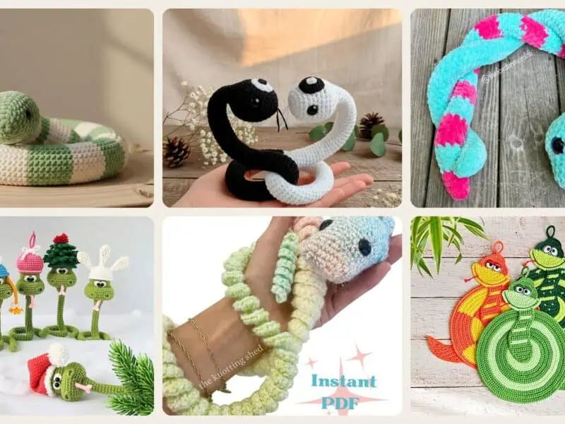 A selection of the crochet patterns in 40 Snake Crochet Patterns to Stitch: Amigurumi, Plush, No-Sew, and Giftable Designs