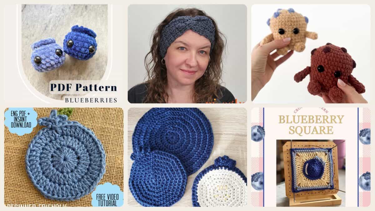 A selection of the crochet patterns in 40 Blueberry Crochet Patterns for Fruit-Inspired Amigurumi, Keychains, Plushies, and More
