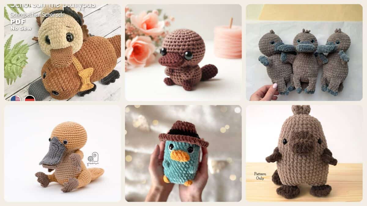 A selection of the crochet patterns in 34 Platypus Crochet Patterns for Cute Aussie-Inspired Amigurumi Projects