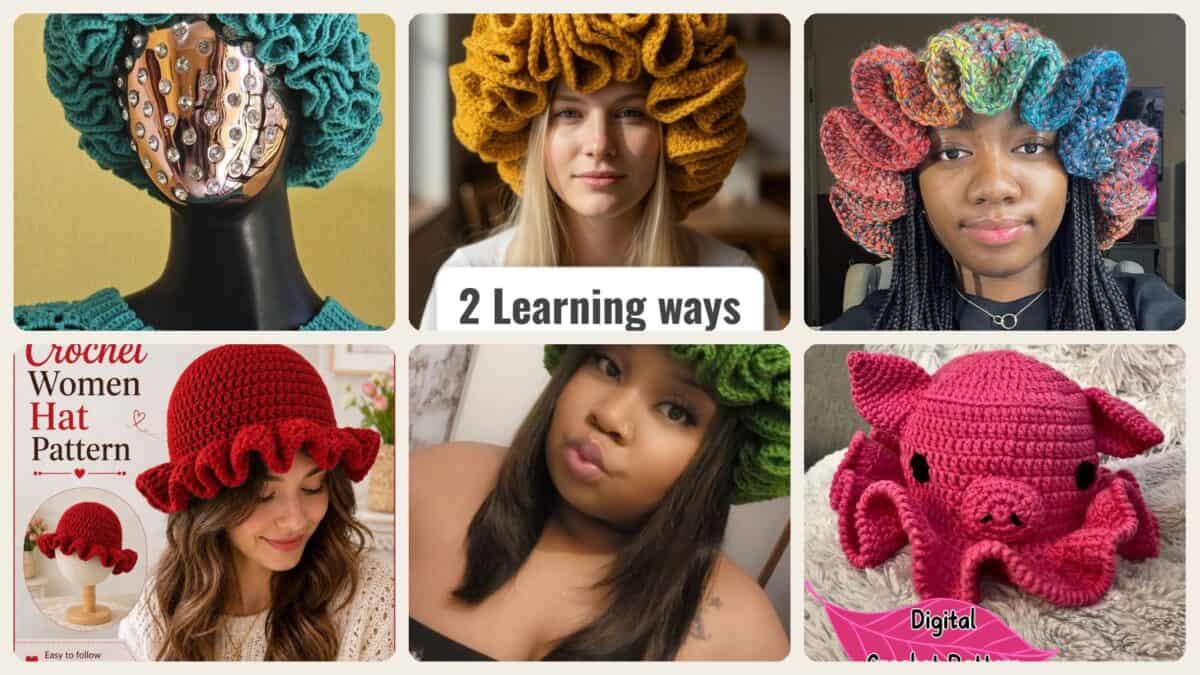 A selection of the crochet patterns in 17 Ruffle Bucket Hat Crochet Patterns for Summer, Cottagecore, and Everyday Wear