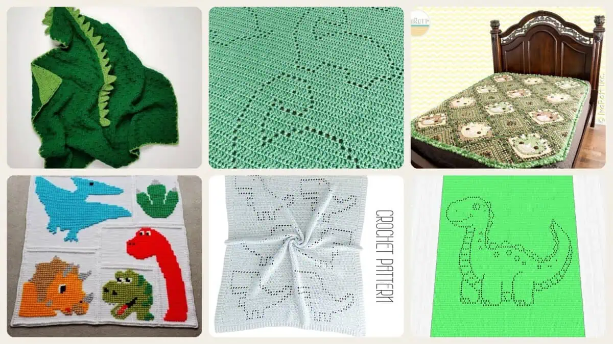 A selection of the crochet patterns in 40 Dinosaur Blanket Crochet Patterns to Stitch for Kids, Nurseries, and Dino Fans