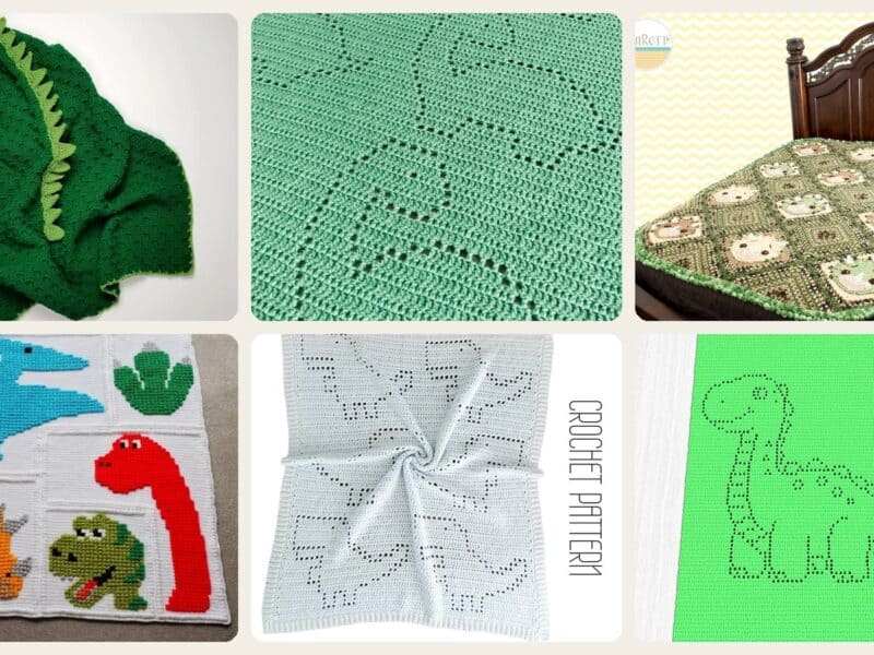 A selection of the crochet patterns in 40 Dinosaur Blanket Crochet Patterns to Stitch for Kids, Nurseries, and Dino Fans