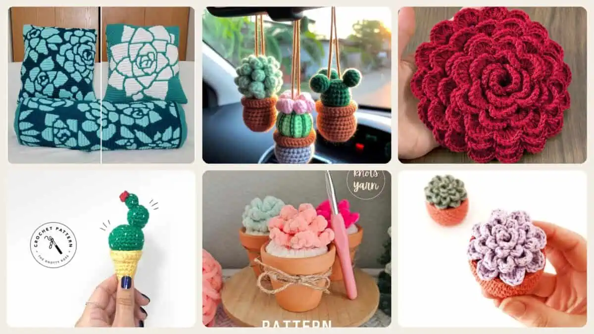 A selection of the crochet patterns in 40 Succulent Crochet Patterns for Easy Indoor Garden Decor and Handmade Gifts