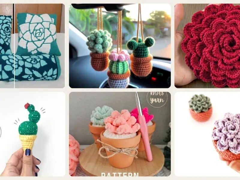 A selection of the crochet patterns in 40 Succulent Crochet Patterns for Easy Indoor Garden Decor and Handmade Gifts