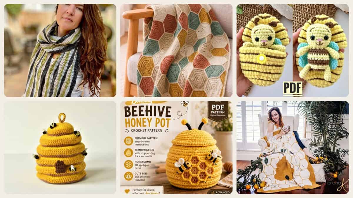 A selection of the crochet patterns in 15 Beehive Crochet Patterns to Make for Gifts, Décor, and Playful Handmade Fun