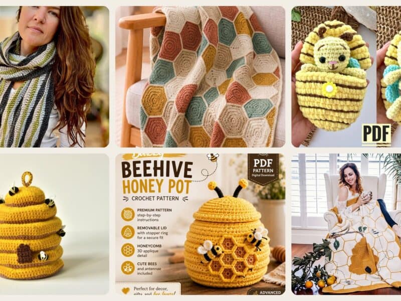A selection of the crochet patterns in 15 Beehive Crochet Patterns to Make for Gifts, Décor, and Playful Handmade Fun